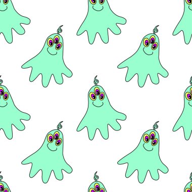 Tatlı yaratıklarla, uzaylılarla ve uzay karalamalarıyla kusursuz çocuksu desenler. Kumaş, ambalaj, duvar kağıdı, tekstil, giysi, örtü için arka plan ve doku.