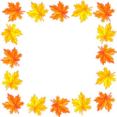 El yapımı suluboya sonbahar çerçevesi sarı ve turuncu akçaağaç yapraklarından yapılmış. Tebrik kartı veya Davetiye.