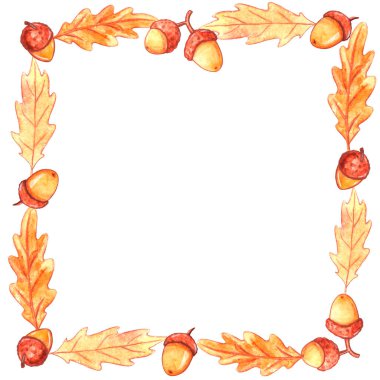 Kare suluboya sonbahar çerçevesi el yapımı sonbahar meşe yaprakları ve meşe palamudu. Tebrik kartı veya Davetiye.