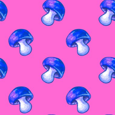 Mantarlar pürüzsüz. Sebze arkaplan, parlak mavi suluboya klipsli doku. Menü için mükemmel, mevsimlik tasarım, ambalaj, tekstil, çocuk partileri.