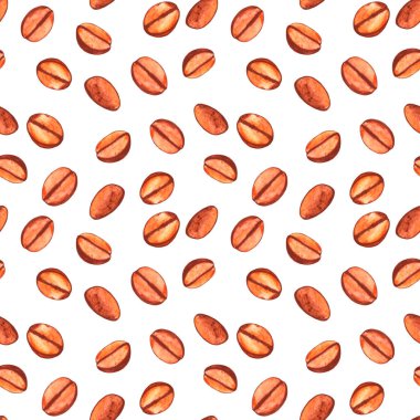 Kahve çekirdekleriyle kusursuz desen. Kafe, bistro, restoran, bar menü kartı için suluboya resimleme. Gıda ve içecek soyut doku tasarımı.