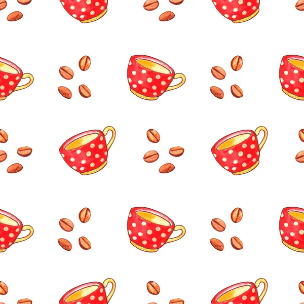 Seamless pattern with red polka dot cups mugs and grains of coffee. Hand drawn kitchen supplies isolated. Cosy background and texture. Perfect for packaging, home decoration, textile, menu, cafe.