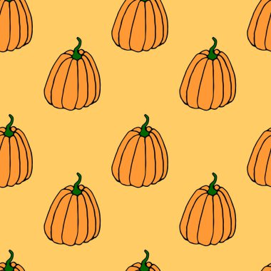 Turuncu balkabaklarının kusursuz deseni. Geçmişi ve dokusu. Sembol sonbahar, mahsul, verimli yıl, şükran günü. Elle çizilmiş EPS10 vektörü çizim çizimi, izole.
