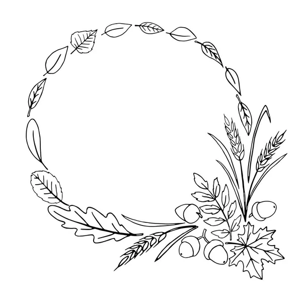 Sonbahar yapraklarının çelengi. Doodle el yazısıyla çizim. Yuvarlak çerçeve. Beyaz arkaplanda siyah bir özet.