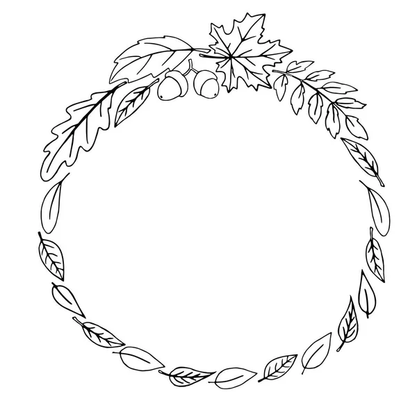 Вінок Осіннього Листя Ілюстрація Doodle Кругла Рамка Чорний Контур Білому — стоковий вектор