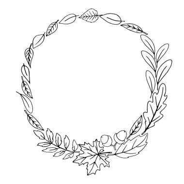 Sonbahar yapraklarının çelengi. Doodle el yazısıyla çizim. Yuvarlak çerçeve. Beyaz arkaplanda siyah bir özet.