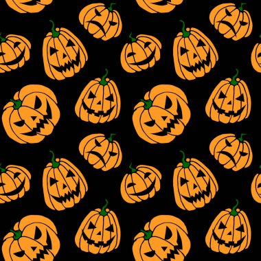 Balkabaklarıyla kusursuz desen, Jack Fenerleri. Cadılar Bayramı için vektör geçmişi ve dokular. El çizimi düz karalama tarzında, izole edilmiş..