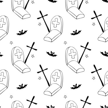 Mutlu Cadılar Bayramı. Graves, Tombstone, haçlar ve yarasaların kusursuz desenleri. Gece mezarlıkta, izole bir şekilde. Vektör tatil geçmişi ve dokuları.