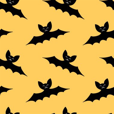 Uçan yarasaların pürüzsüz desenleri. Şirin Ürkütücü vektör çizimi. Cadılar Bayramı arkaplan ve dokuları düz gotik çizgi film tarzında. Gökyüzündeki siyah siluetler.