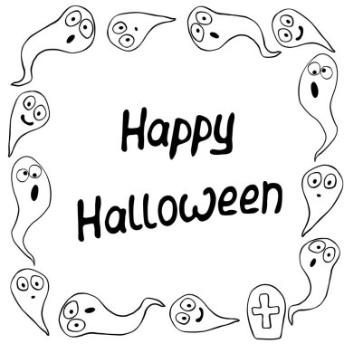 Cadılar Bayramı kare çerçevesi hayaletlerle dolu. Tatil sınırı, tebrik kartları, davetiyeler, partiler, posterler, afişler için arkaplan.