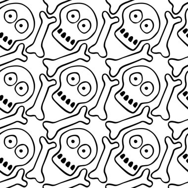 İnsan kafatası ve kemiklerle kusursuz bir desen. İlkel çizgi film stili Doodle. Cadılar Bayramı temalı arka plan ve doku, tehlike, ölüm, savaş, zehir. Kumaş, ambalaj, parti, poster, afiş.