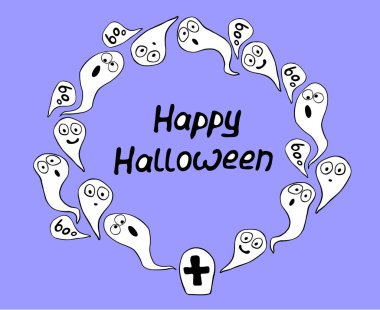 Cadılar Bayramı çerçevesi hayaletlerle dolu. Tatil sınırı, tebrik kartları, davetiyeler, partiler, posterler, afişler için arkaplan.