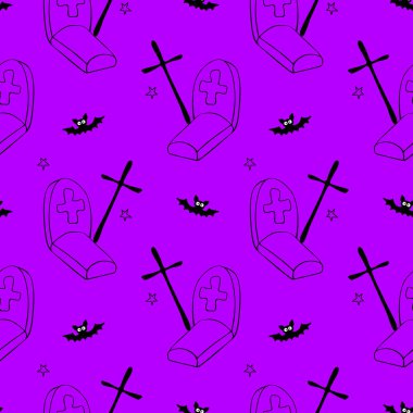 Mutlu Cadılar Bayramı. Graves, Tombstone, haçlar ve yarasaların kusursuz desenleri. Gece mezarlıkta, izole bir şekilde. Vektör tatil geçmişi ve dokuları.