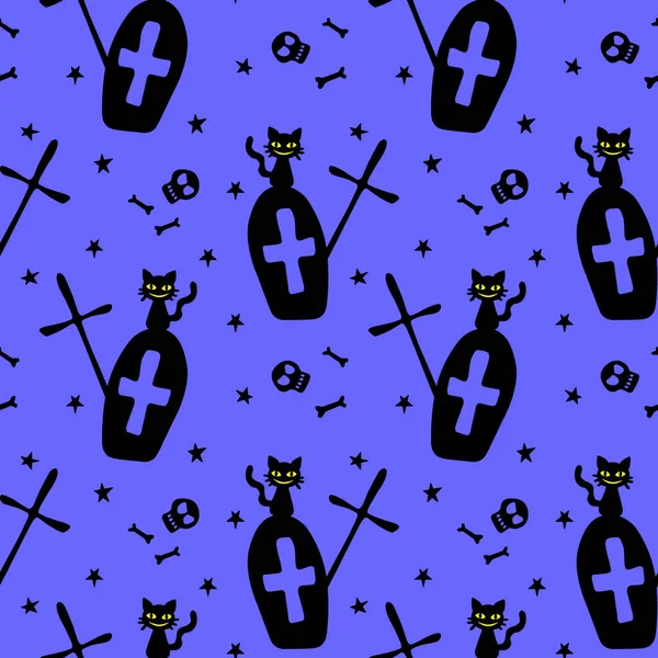 ハロウィン 十字架 黒猫のシームレスなパターン 墓地での夜 隔離された ベクトル休日の背景とテクスチャ — ストックベクタ