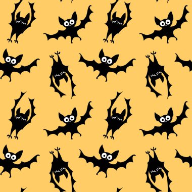 Uçan yarasaların pürüzsüz desenleri. Şirin Ürkütücü vektör çizimi. Cadılar Bayramı arkaplan ve dokuları düz gotik çizgi film tarzında. Gökyüzündeki siyah siluetler.