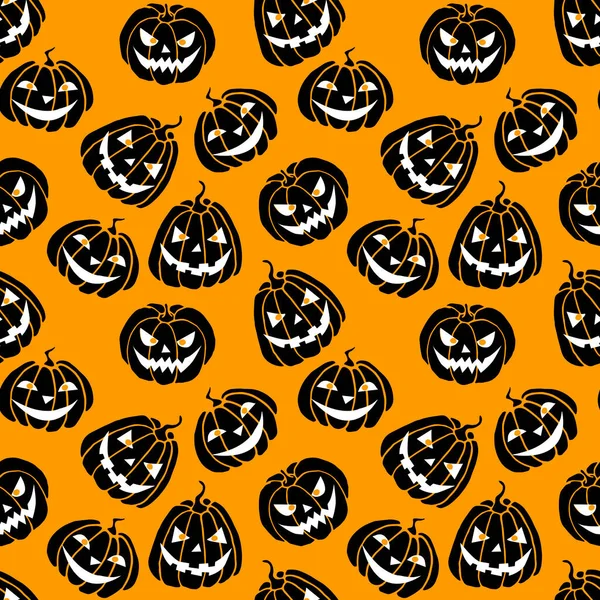 Bezešvé Vzor Černými Dýně Izolované Oranžovém Pozadí Halloween Vektorová Textura — Stockový vektor