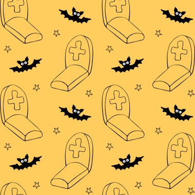 Mutlu Cadılar Bayramı. Graves, Tombstone, haçlar ve yarasaların kusursuz desenleri. Gece mezarlıkta, izole bir şekilde. Vektör tatil geçmişi ve dokuları.