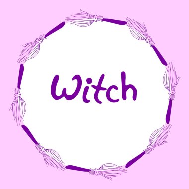 Mutlu Cadılar Bayramı süpürgeleri. Cadı yazıtları. Tatil ve Güçlü Kız teması. Tebrik kartı, davetiye, parti posteri, rozet, pankart için sınır, arkaplan veya başlık.