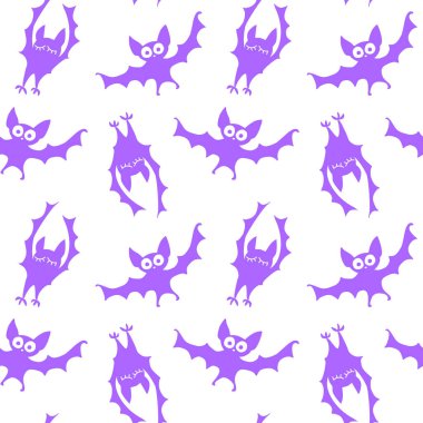 Uçan yarasaların pürüzsüz desenleri. Şirin Ürkütücü vektör çizimi. Cadılar Bayramı arkaplan ve dokuları düz gotik çizgi film tarzında. Gökyüzündeki siyah siluetler.