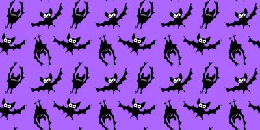 Uçan yarasaların pürüzsüz desenleri. Şirin Ürkütücü vektör çizimi. Cadılar Bayramı arkaplan ve dokuları düz gotik çizgi film tarzında. Gece gökyüzünde siyah siluetler.