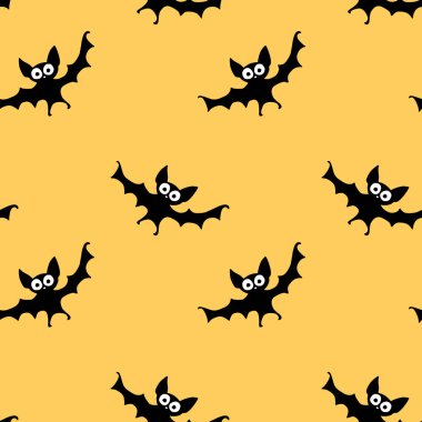 Uçan yarasaların pürüzsüz desenleri. Şirin Ürkütücü vektör çizimi. Cadılar Bayramı arkaplan ve dokuları düz gotik çizgi film tarzında. Gökyüzündeki siyah siluetler.