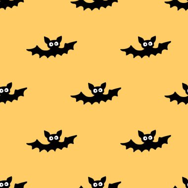 Uçan yarasaların pürüzsüz desenleri. Şirin Ürkütücü vektör çizimi. Cadılar Bayramı arkaplan ve dokuları düz gotik çizgi film tarzında. Gökyüzündeki siyah siluetler.