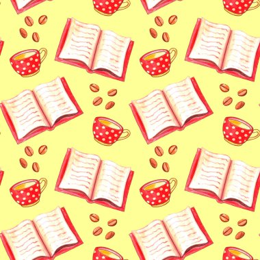 Açık kitap, kırmızı benekli bardak ve kahve çekirdekli suluboya desenli. Hobiler, eğlence, sıcacık sonbahar ya da kış akşamı teması üzerine renkli bir geçmiş.