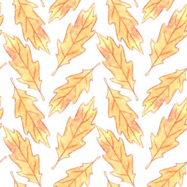 Kahverengi meşe yapraklarının kusursuz deseni. Mevsimsel tasarım, ambalaj, tekstil, kumaş, şükran günü teması ve mutlu sonbahar için sonbahar manzarası ve dokuları.