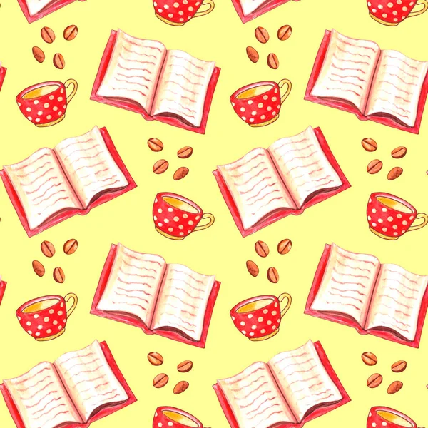 Watercolor Seamless Pattern Open Book Red Polka Dot Cup Coffee — Stock Photo, Image