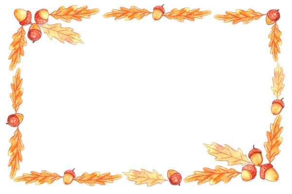 Ορθογώνιο Καρέ Φθινοπωρινό Από Χειροποίητα Φθινοπωρινά Φύλλα Βελανιδιάς Και Βελανίδια — Φωτογραφία Αρχείου
