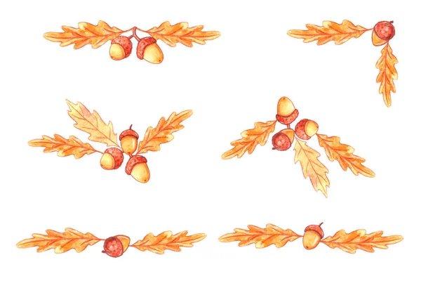 Kolekce Přírodního Designu Akvarelové Prvky Žaludy Dubové Listy Podzimní Lesní — Stock fotografie