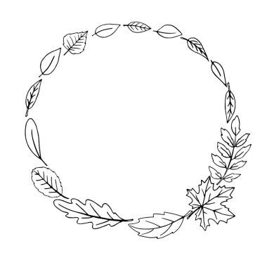 Sonbahar yapraklarının çelengi. Doodle el yazısıyla çizim. Yuvarlak çerçeve. Beyaz arkaplanda siyah bir özet.