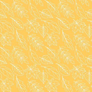 Kusursuz dökülen yapraklar. Turuncu arka planda izole edilmiş vektör sonbahar dokusu, el çizimi karalama tarzı. Orman kavramı, yaprak düşüşü, doğa.