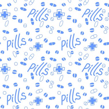 İlaçlar, kapsüller, ilaçlar, ilaçlar, haplar ve haplarla kusursuz bir düzen. Tıbbi eczane geçmişi ve dokuları. Karalama biçiminde Vektör EPS10 illüstrasyonu.