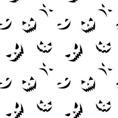 Kusursuz gülen yüzler düz bir şekilde hayaletlere dönüşüyor. Parti, poster, davetiye, herhangi bir tasarım için vektör Cadılar Bayramı dokusu veya arka planı. Tehlikeli hayvan. Siyah beyaz, soyutlanmış..