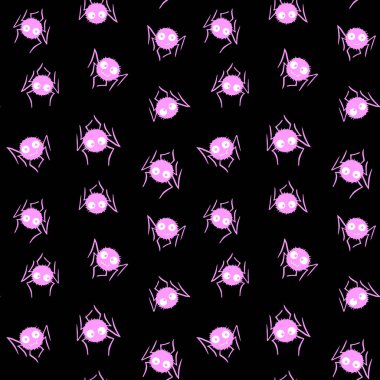 Siyah arka planda küçük şirin pembe örümceklerin kusursuz deseni. Cadılar Bayramı vektör dokuları.