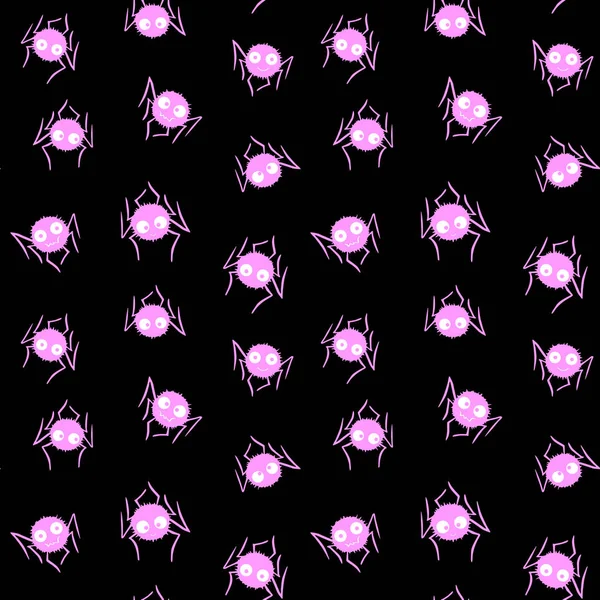 黒を背景にかわいいピンクのクモのシームレスなパターン ハロウィンベクトルテクスチャ — ストックベクタ