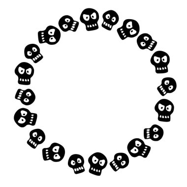 Kafatasları yuvarlak çerçeveli. Cadılar Bayramı ve ölüm teması düz çizgi film tarzında. Sınır, tebrik kartı, davetiye, parti posteri, afiş.