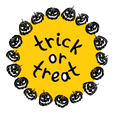 Mutlu Cadılar Bayramı tasarım karakterleri balkabağı, Jack Lantern. Şeker mi şaka mı harfleri mi? Tebrik kartı, davetiye, parti, poster, afiş için bayram sınırı, arkaplan veya başlığı.