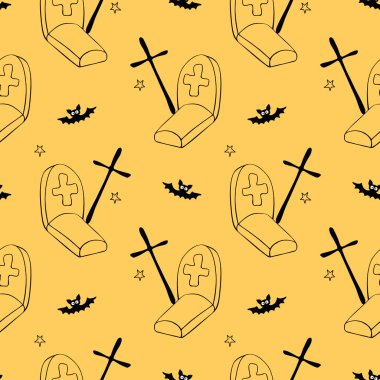 Mutlu Cadılar Bayramı. Graves, Tombstone, haçlar ve yarasaların kusursuz desenleri. Gece mezarlıkta, izole bir şekilde. Vektör tatil geçmişi ve dokuları.