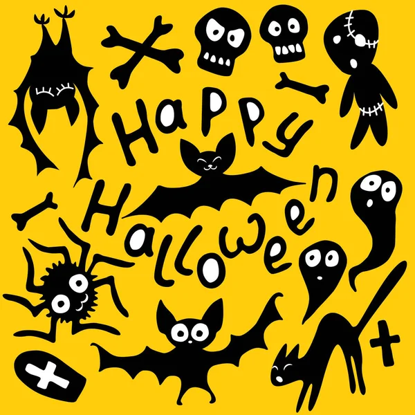 Gelukkige Halloween Set Van Traditionele Personages Kat Zombie Botten Schedels — Stockvector