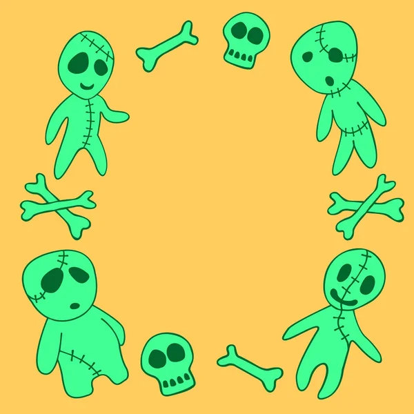 Happy Halloween Square Frame Holiday Design Characters Zombies Bones Skulls — Stock Vector