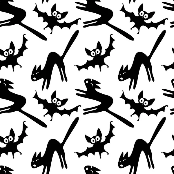 怒り狂った黒魔女猫とコウモリとシームレスなパターン ハロウィン グリーティングカード 招待状 パーティーポスター バナーのためのテクスチャ背景 — ストックベクタ