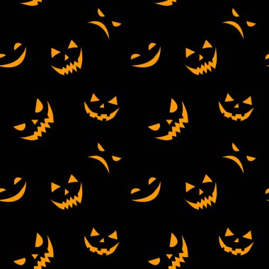 Düz bir şekilde gülümseyen korkunç yüzlerin kusursuz deseni. Cadılar Bayramı 'nın parti, poster, davetiye, herhangi bir tasarım için vektör geçmişi ve dokusu. Siyahta izole edilmiş. Jack Fener.