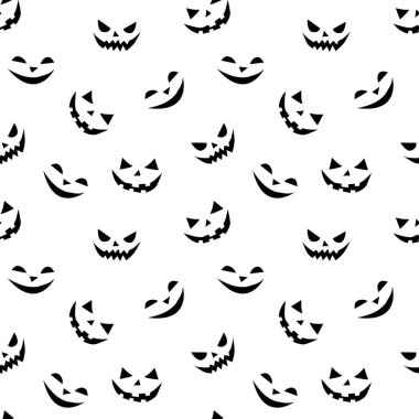 Kusursuz gülen yüzler düz bir şekilde hayaletlere dönüşüyor. Parti, poster, davetiye, herhangi bir tasarım için vektör Cadılar Bayramı dokusu veya arka planı. Tehlikeli hayvan. Siyah beyaz, soyutlanmış..