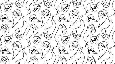 Şirin hayaletleri olan kusursuz bir vektör deseni. Cadılar Bayramı tasarımı, kumaşı, ambalajı, tekstil, tebrik kartı, parti davetiyesi.