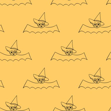 Uçan yarasaların pürüzsüz desenleri. Güzel taslak vektör çizimi. Cadılar Bayramı arkaplanı ve karikatür karalaması gotik tarzda.