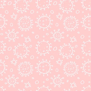 Moleküllerin kusursuz deseni, virüs hücreleri, bakteriler. Salgın, salgın covid-19. Karantina koronavirüsü konsepti, aşı. Taslak çizim biçimi izole edilmiş vektör el arkaplanı.