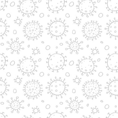 Moleküllerin kusursuz deseni, virüs hücreleri, bakteriler. Salgın, salgın covid-19. Karantina koronavirüsü konsepti, aşı. Taslak çizim biçimi izole edilmiş vektör el arkaplanı.