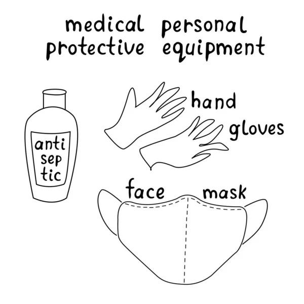 Medische Persoonlijke Beschermingsmiddelen Tegen Coronavirus Gezichtsmasker Ontsmettingsmiddel Handschoenen Met Letters — Stockvector